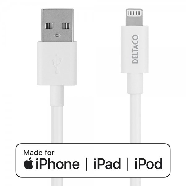 Deltaco Kabel USB-A-kabel med Lightning-stik 2m Hvid