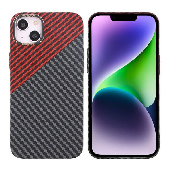iPhone 14 Plus Cover Kulfibermønster Rød Sort