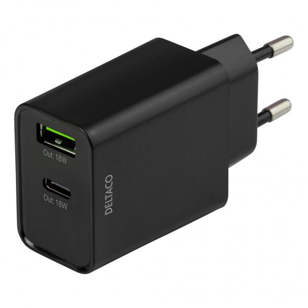 Deltaco Oplader 18W USB-C PD & USB-A Sort
