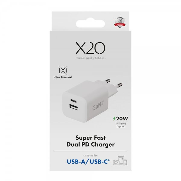X2O Oplader 20W Dobbelt USB-C/USB-A GaN Hvid
