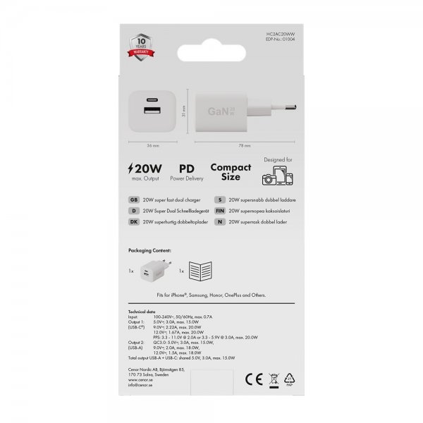 X2O Oplader 20W Dobbelt USB-C/USB-A GaN Hvid