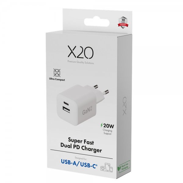 X2O Oplader 20W Dobbelt USB-C/USB-A GaN Hvid