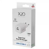 X2O Oplader 20W Dobbelt USB-C/USB-A GaN Hvid