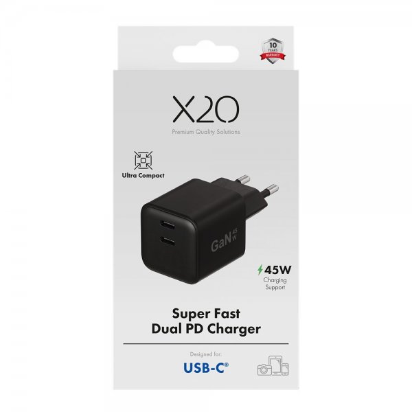 X2O Oplader 45W Dobbelt USB-C/USB-C GaN Sort