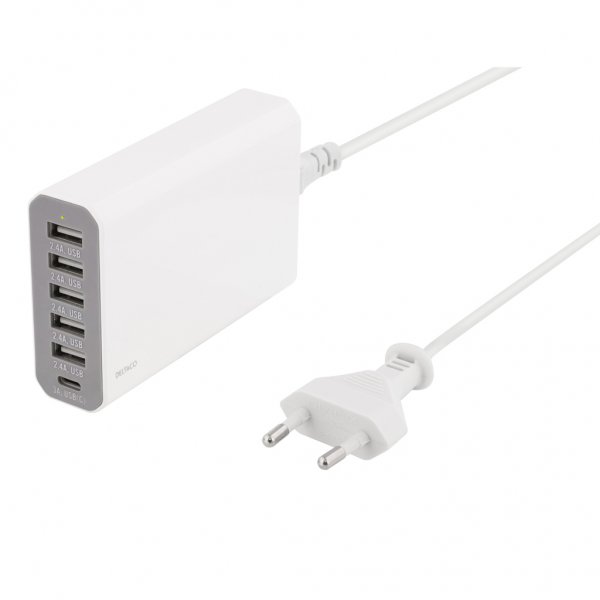 Deltaco Oplader 60W USB-C & 5xUSB-A Hvid