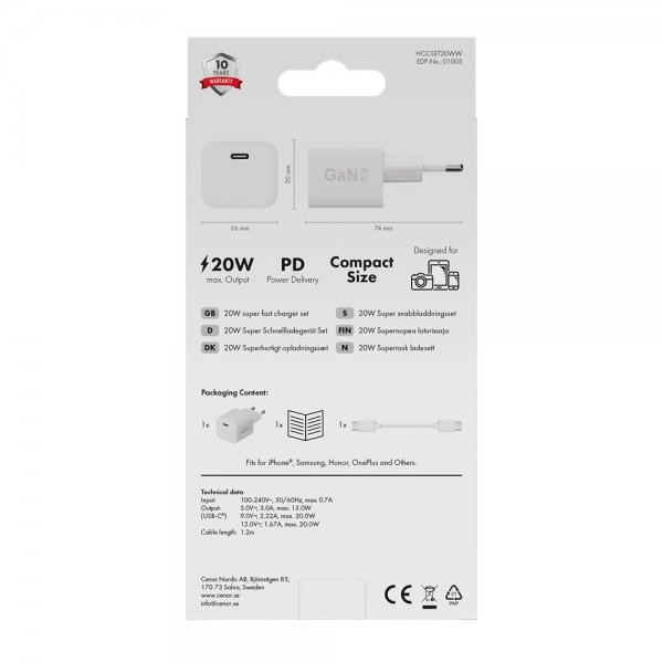 X2O Oplader med Kabel 1.2m 20W USB-C GaN Hvid