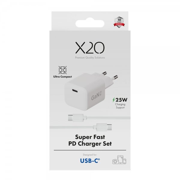 X2O Oplader med Kabel 1.2m 25W USB-C GaN Hvid