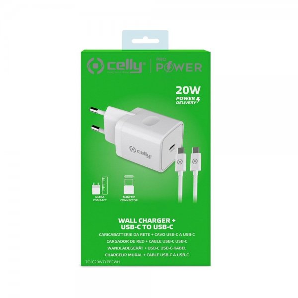 Celly Oplader med USB-C kabel TC1C20WTYPEC 20W Hvid