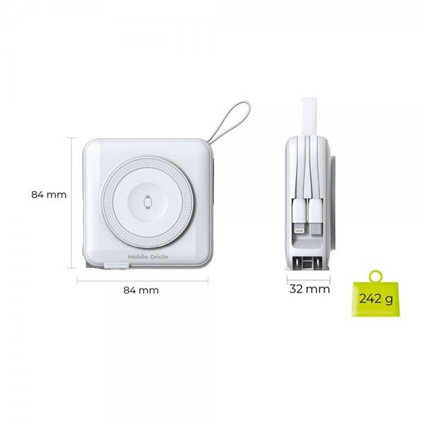 Mobile Origin MagSafe-powerbank/rejselader Indbyggede kabler/Apple Watch-opladning Hvid