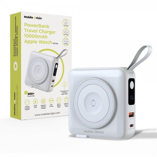 Mobile Origin MagSafe-powerbank/rejselader Indbyggede kabler/Apple Watch-opladning Hvid