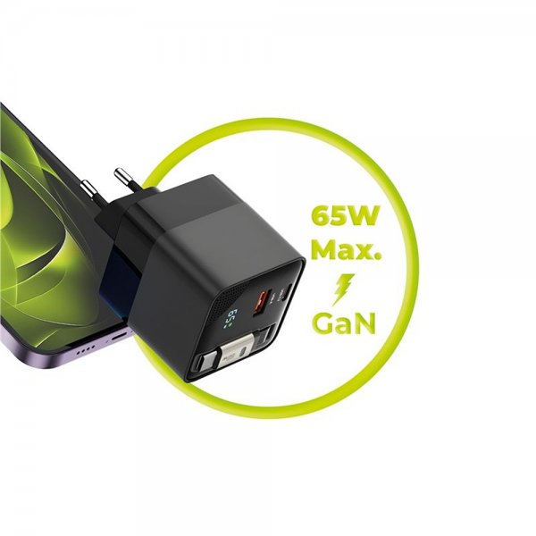 Mobile Origin Oplader med Display GaN 65W indbygget USB-C Kabel