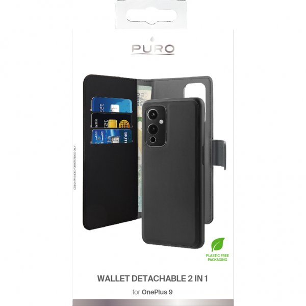 Puro OnePlus 9 Wallet Detachable 2-i-1 etui med aftagelig skal Sort