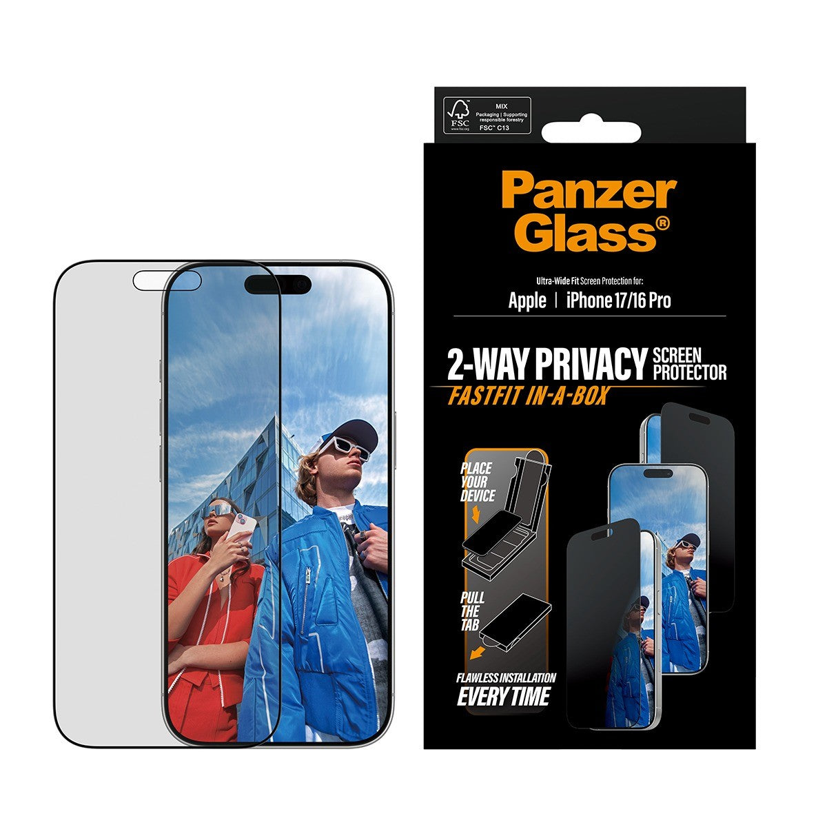 PanzerGlass iPhone 16 Pro/iPhone 17 Skærmbeskytter Ultra-Wide Fit Privacy Fastfit