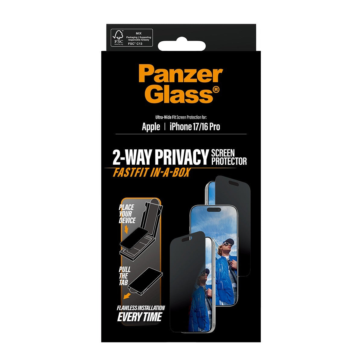 PanzerGlass iPhone 16 Pro/iPhone 17 Skærmbeskytter Ultra-Wide Fit Privacy Fastfit