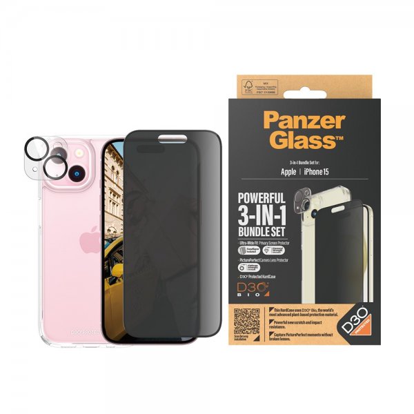 PanzerGlass iPhone 15 3-i-1 Bundle Sæt Privacy