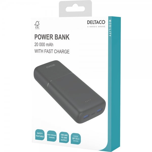 Deltaco Powerbank 20 000 mAh Hurtig opladning 20W Sort
