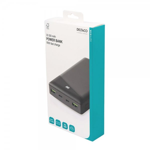 Deltaco Powerbank 30 000 mAh Fast Charge Sort