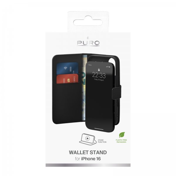 Puro iPhone 16 Cover Wallet Stand Sort