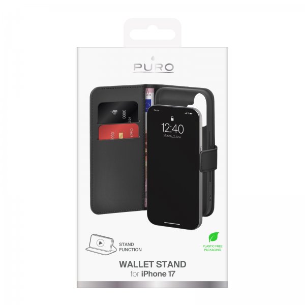 Puro iPhone 17 Etui Wallet Stand Sort
