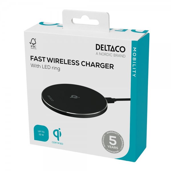 Deltaco Trådløs Oplader 15W LED Qi Sort