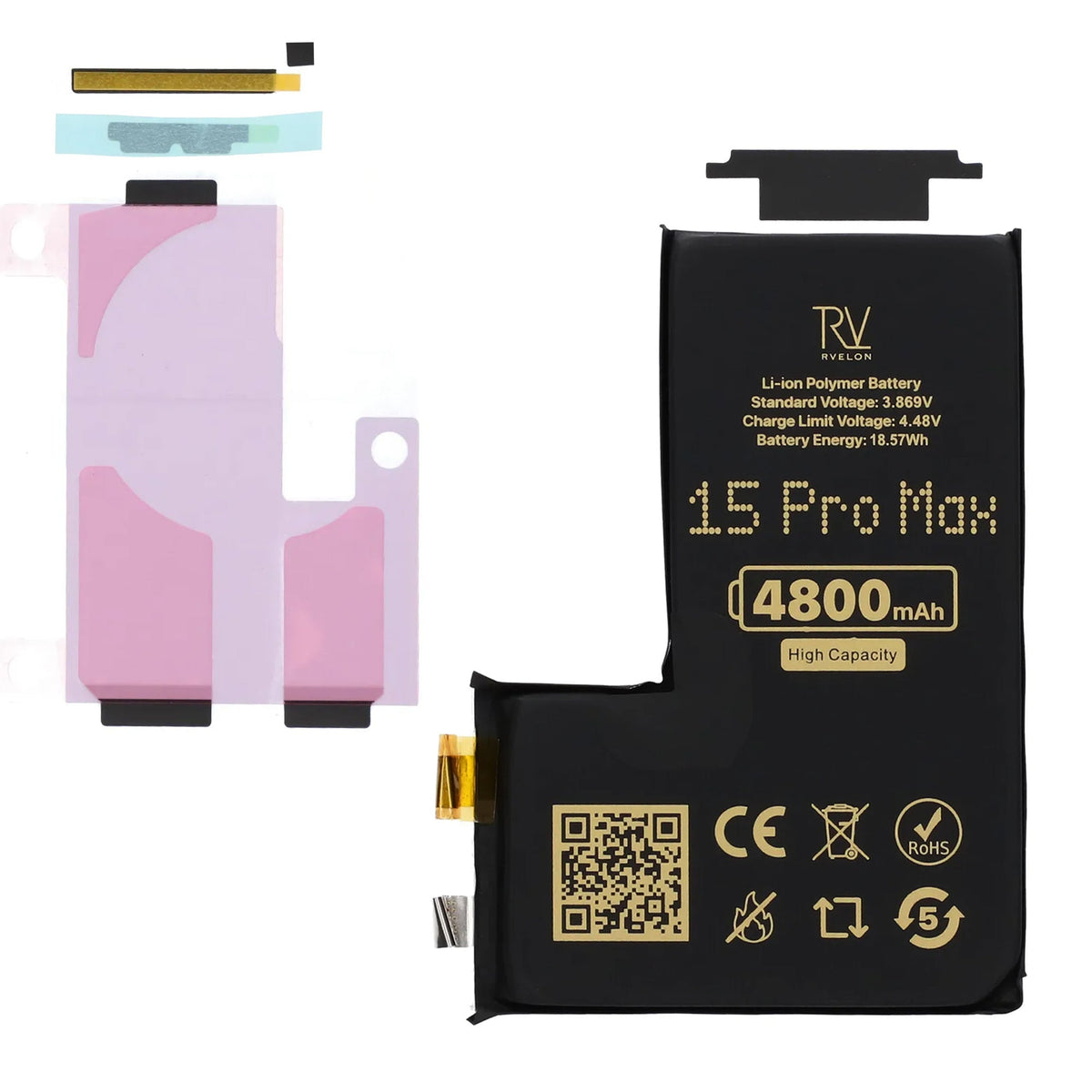 Rvelon Batteri til iPhone 15 Pro Max 4800mAh uden flexkabel