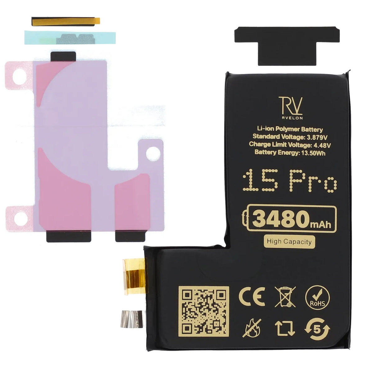 Rvelon Batteri til iPhone 15 Pro 3480mAh uden flexkabel