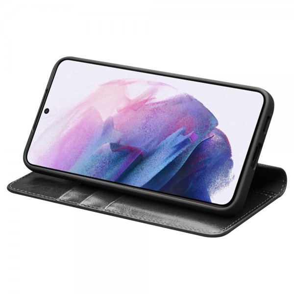 Qialino Samsung Galaxy S22 Cover Ægte læder Kortlomme Sort