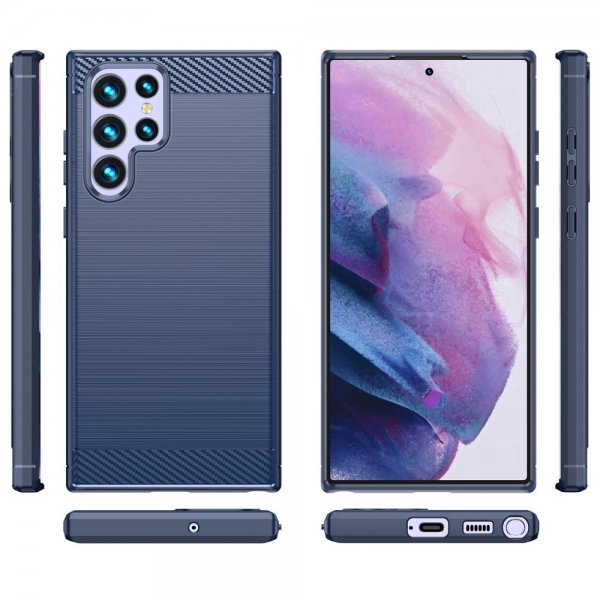 Samsung Galaxy S22 Ultra Cover Børstet Kulfibertekstur Blå