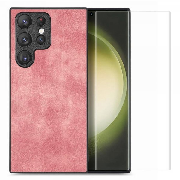 Enkay Samsung Galaxy S23 Ultra Cover med skærmbeskyttelse lædertekstur rosa