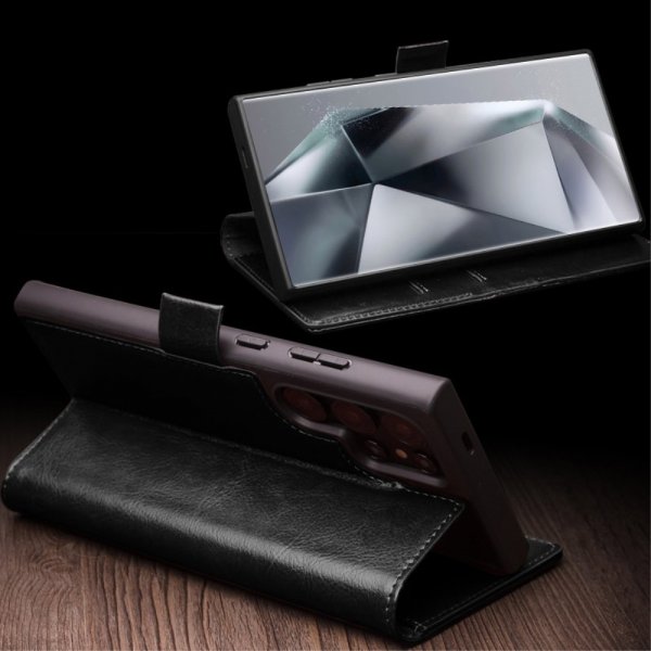 Qialino Samsung Galaxy S24 Ultra Etui Ægte læder Kortlomme Sort