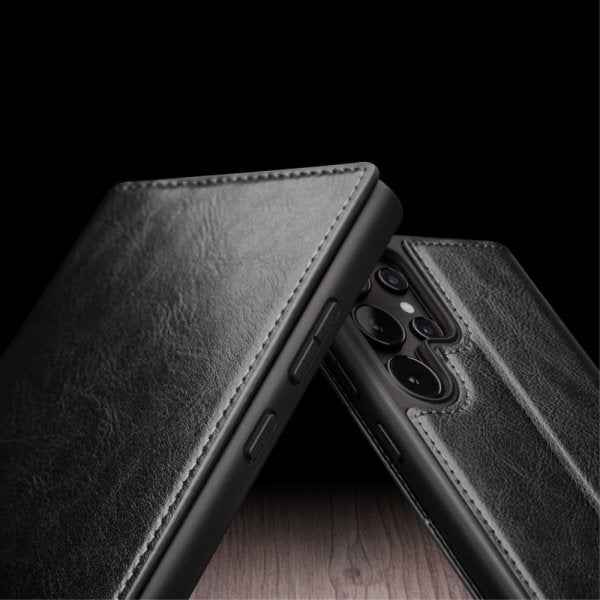 Qialino Samsung Galaxy S24 Ultra Etui Ægte læder Kortlomme Sort