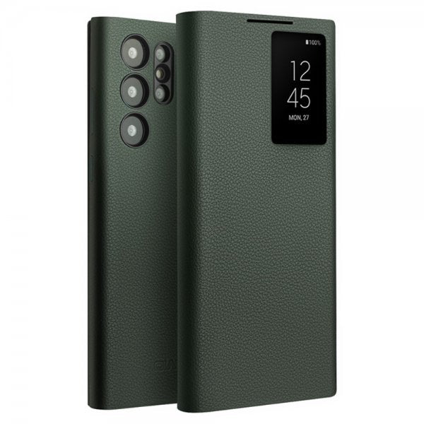Qialino Samsung Galaxy S24 Ultra Etui View Window Ægte læder Grøn