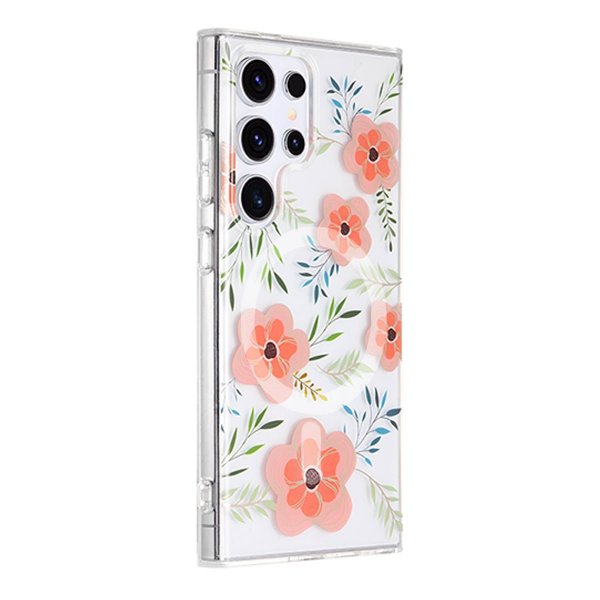 Samsung Galaxy S24 Ultra Cover Blomstermønster MagSafe Rosa