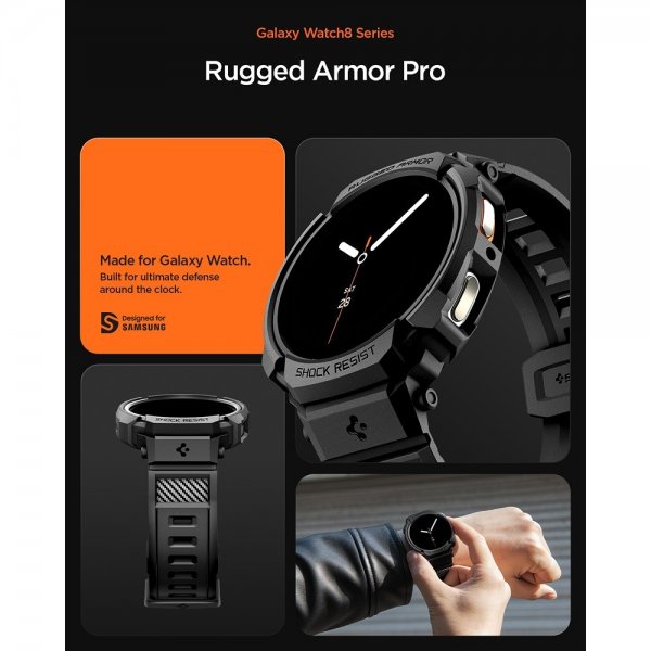 Spigen Samsung Galaxy Watch 8 44mm Armbånd og Cover Rugged Armor Pro Mat Sort