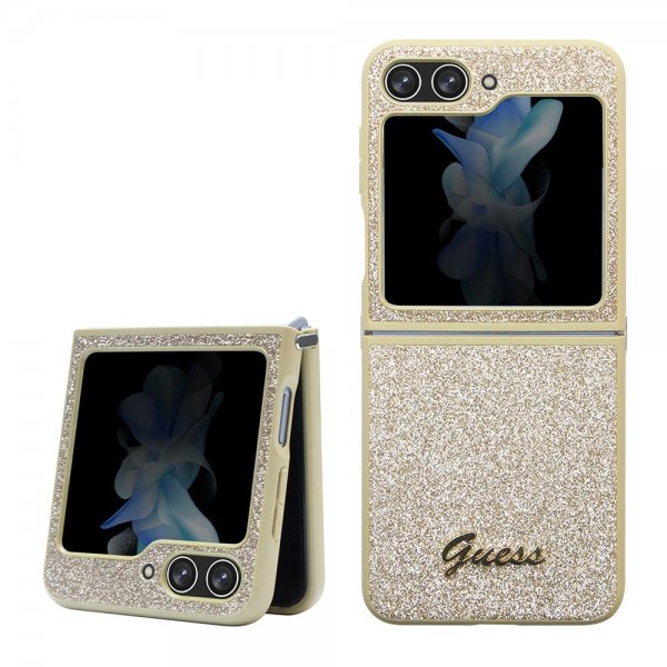 Guess Samsung Galaxy Z Flip 5 Cover Glitter Flakes Metal Logo Guld