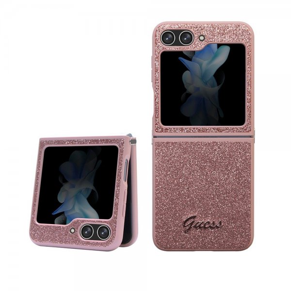 Guess Samsung Galaxy Z Flip 5 Cover Glitter Flakes Metal Logo Rosa