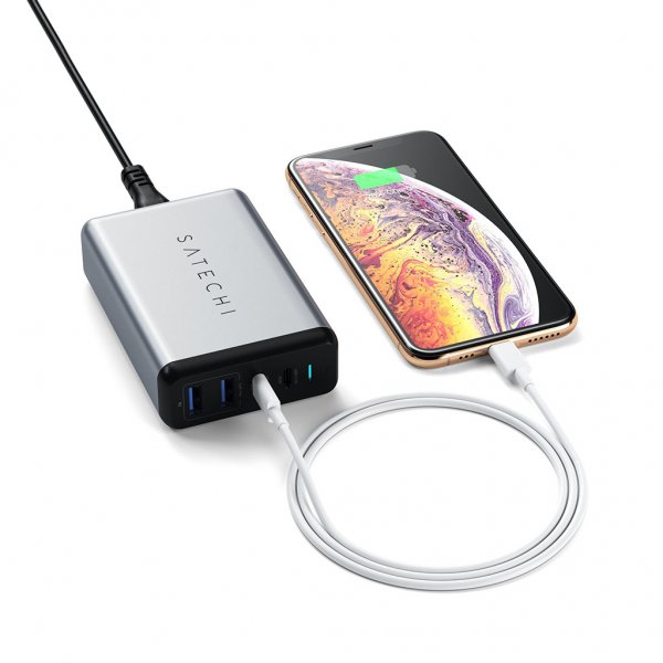 Satechi 75W PD rejselader med to USB-C- og USB-A-porte Grå