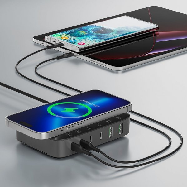 4smarts Skrivebordslader 7in1 GaN 100W med Trådløs oplader Sort