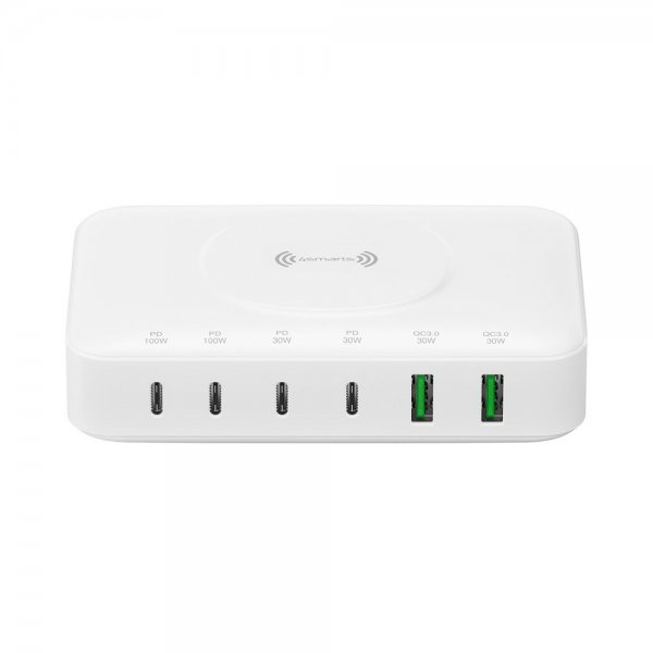4smarts Skrivebordslader 7in1 GaN 100W med Trådløs oplader Hvid