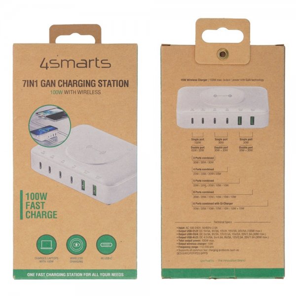 4smarts Skrivebordslader 7in1 GaN 100W med Trådløs oplader Hvid