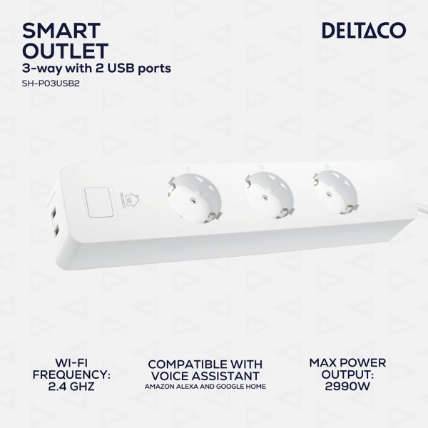 Deltaco Smart Home Smart stikdåse WiFi 3xCEE 7/3 & 2xUSB-A 1.5m