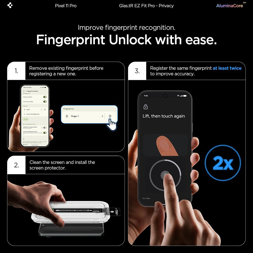 Spigen Google Pixel 9 Pro/10 Pro/11 Pro Skærmbeskytter GLAS.tR EZ Fit Pro Privacy 2-pak
