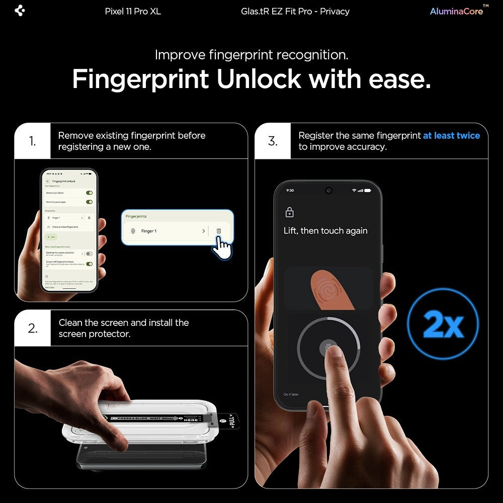 Spigen Google Pixel 9 Pro XL/10 Pro XL/Pixel 11 Pro XL Skärmskydd GLAS.tR EZ Fit Pro Privacy 2-pack