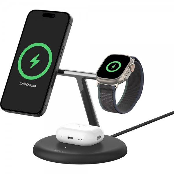 Belkin Trådløs Oplader BoostCharge Pro 3-i-1 MagSafe Qi2 15W Sort