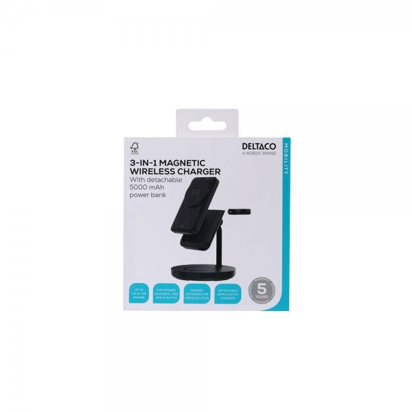Deltaco Trådløs Oplader med aftagelig MagSafe-powerbank 3-i-1