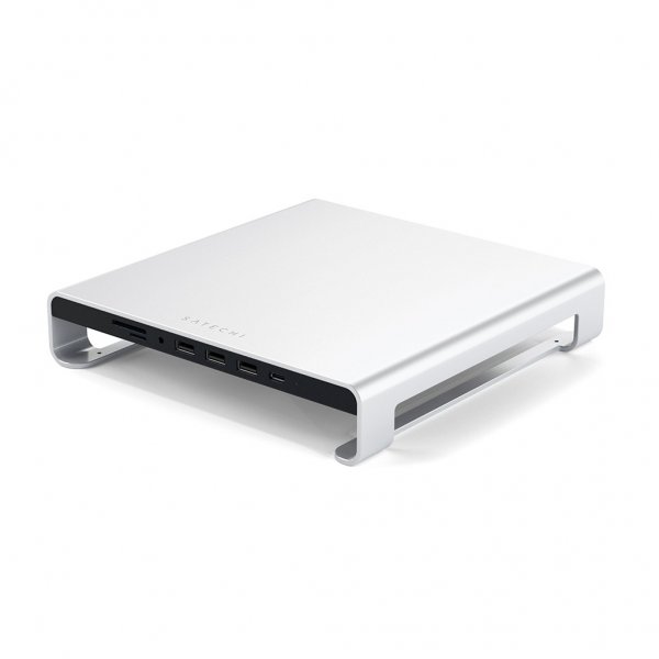 Satechi USB-C aluminiumskærmstativhub til iMac. USB 3.0-porte. kortlæser og 3,5 mm-stik Sølv