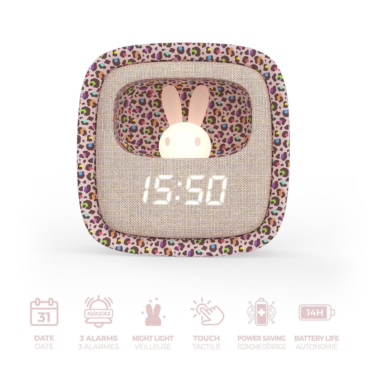 Mobility on Board Vækkeur med Natlys Billy Clock Rainbow Leopard