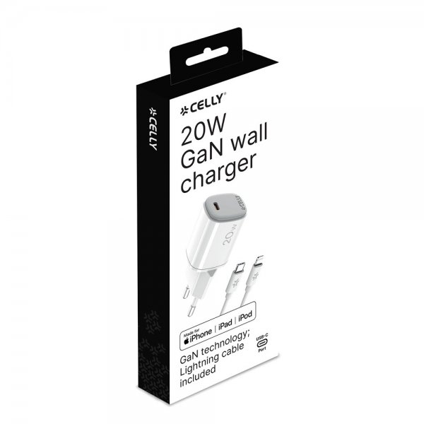 Celly 20W GaN USB-C Vægoplader med Lightning-kabel