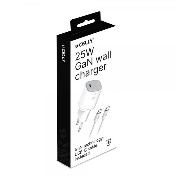 Celly 25W GaN USB-C Vægoplader med USB-C Kabel