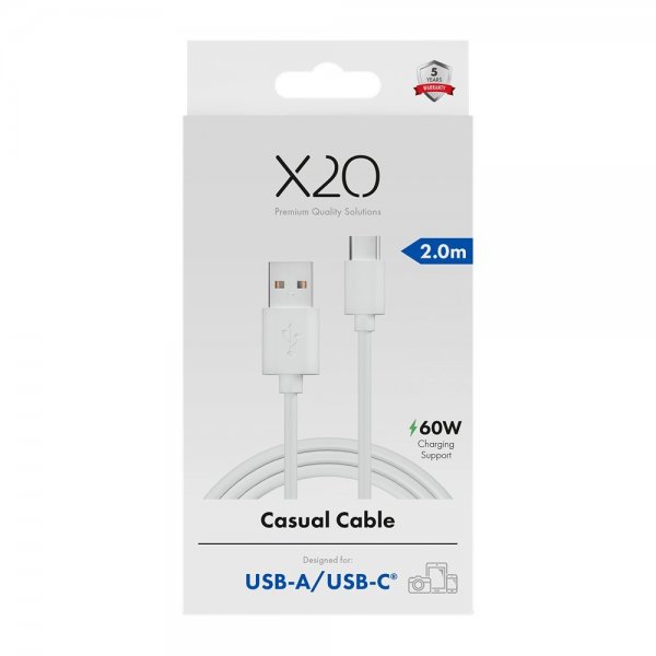 X2O USB-A til USB-C Kabel Basic 60W 2m Hvid
